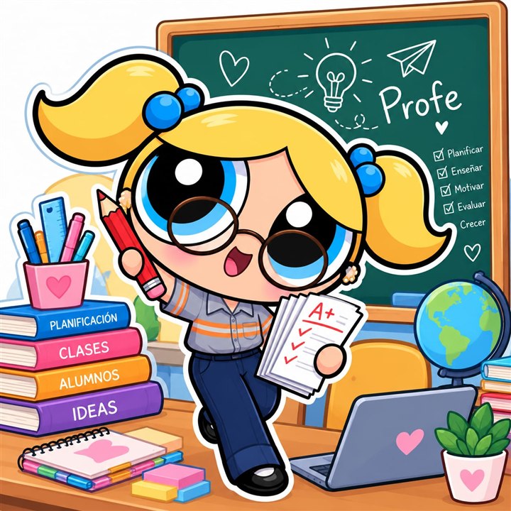 Burbuja de maestra, con lentes, lápiz y exámenes calificados